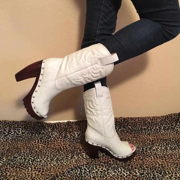Rough Justice Shoes - White Leather Peep Toe Western Boot Bridal Prom